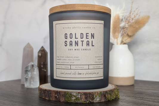 golden santal candle on a wood slice with crystals and pampas grass in the background